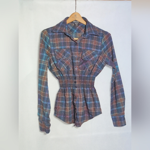 Vintage Wet Seal Sz S Plaid Button-Up Shirt with Smocked Waist - Picture 4 of 6